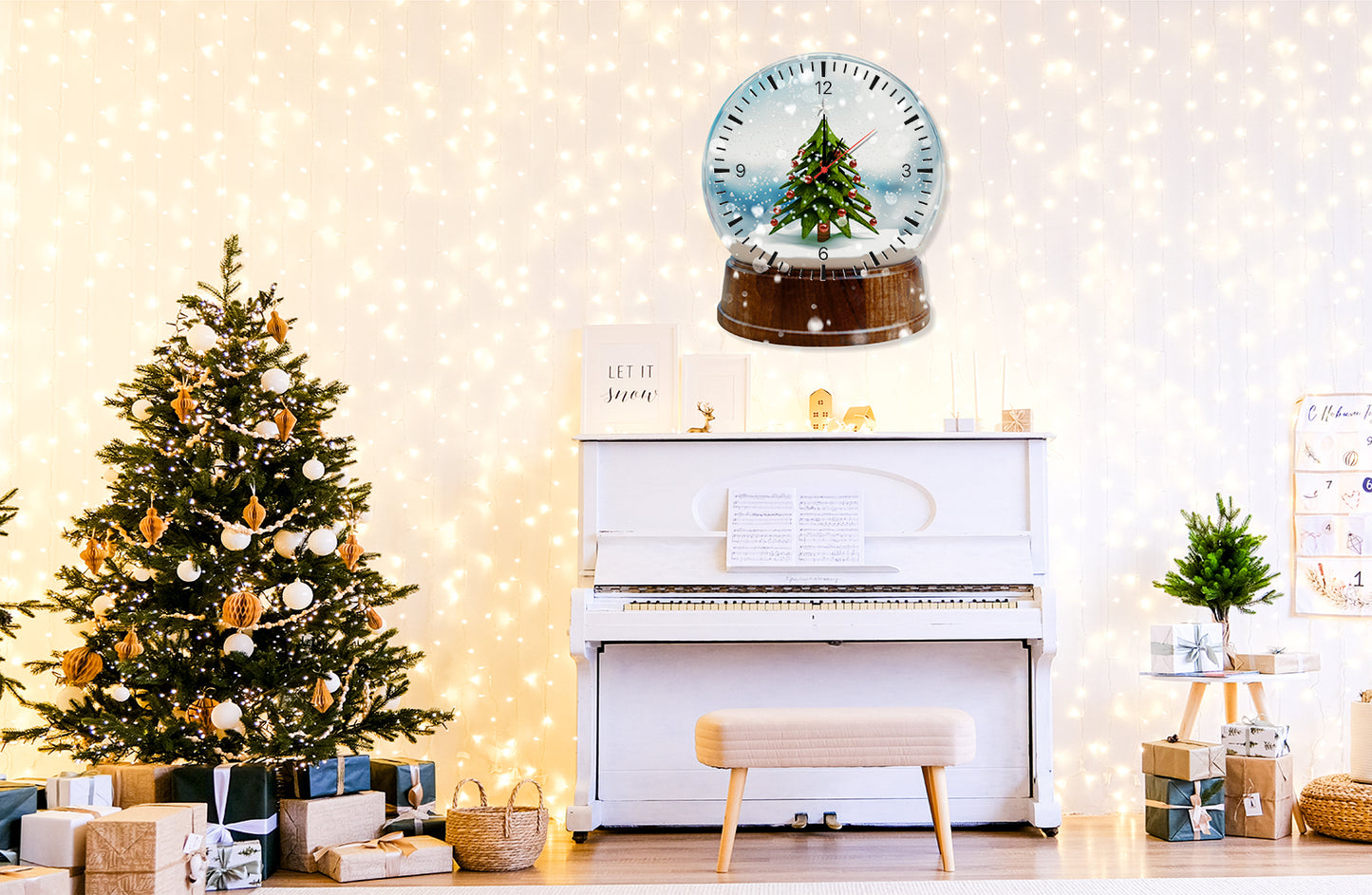 StilCreative Yılbaşı Özel: Kar Küresi Temalı Çam Ağacı Desenli Cam Duvar Saati