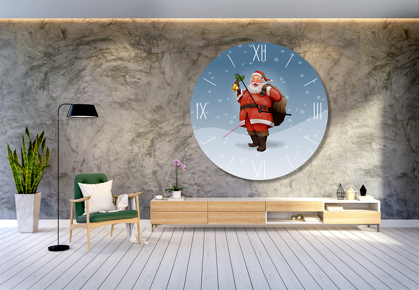 StilCreative Kış Serisi: Altın Çanlı ve Karlı Noel Baba Desenli Dekoratif Saat