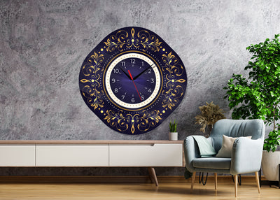 StilCreative Lüks Seri: Lacivert Gold Motifli Dekoratif Cam Duvar Saati