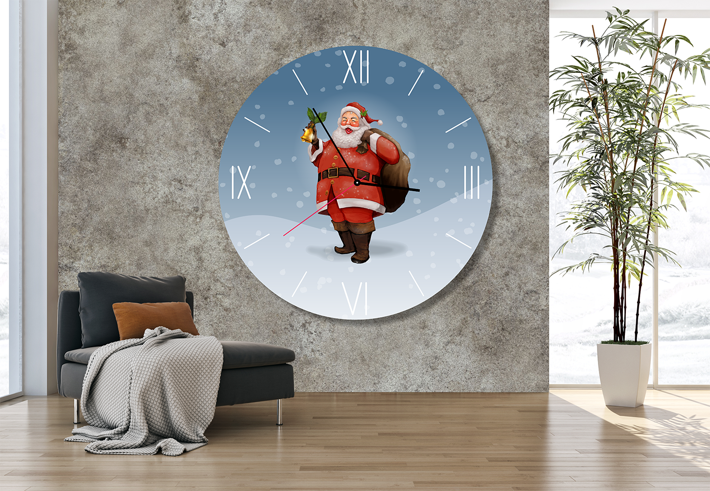 StilCreative Kış Serisi: Altın Çanlı ve Karlı Noel Baba Desenli Dekoratif Saat