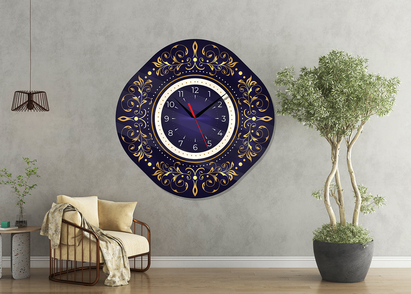 StilCreative Lüks Seri: Lacivert Gold Motifli Dekoratif Cam Duvar Saati