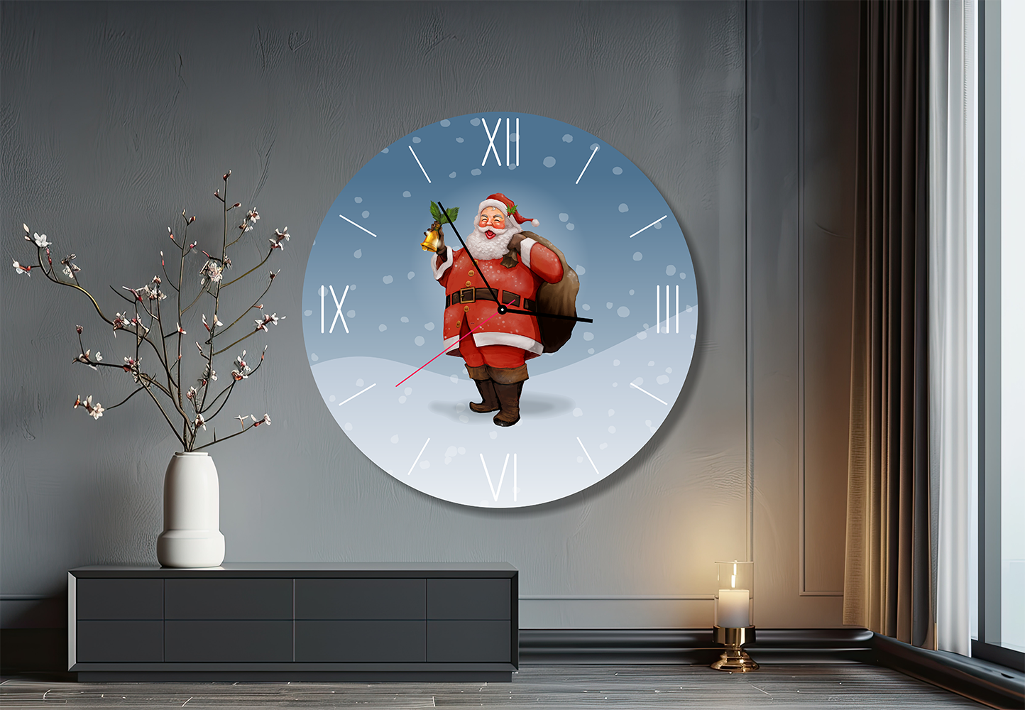 StilCreative Kış Serisi: Altın Çanlı ve Karlı Noel Baba Desenli Dekoratif Saat