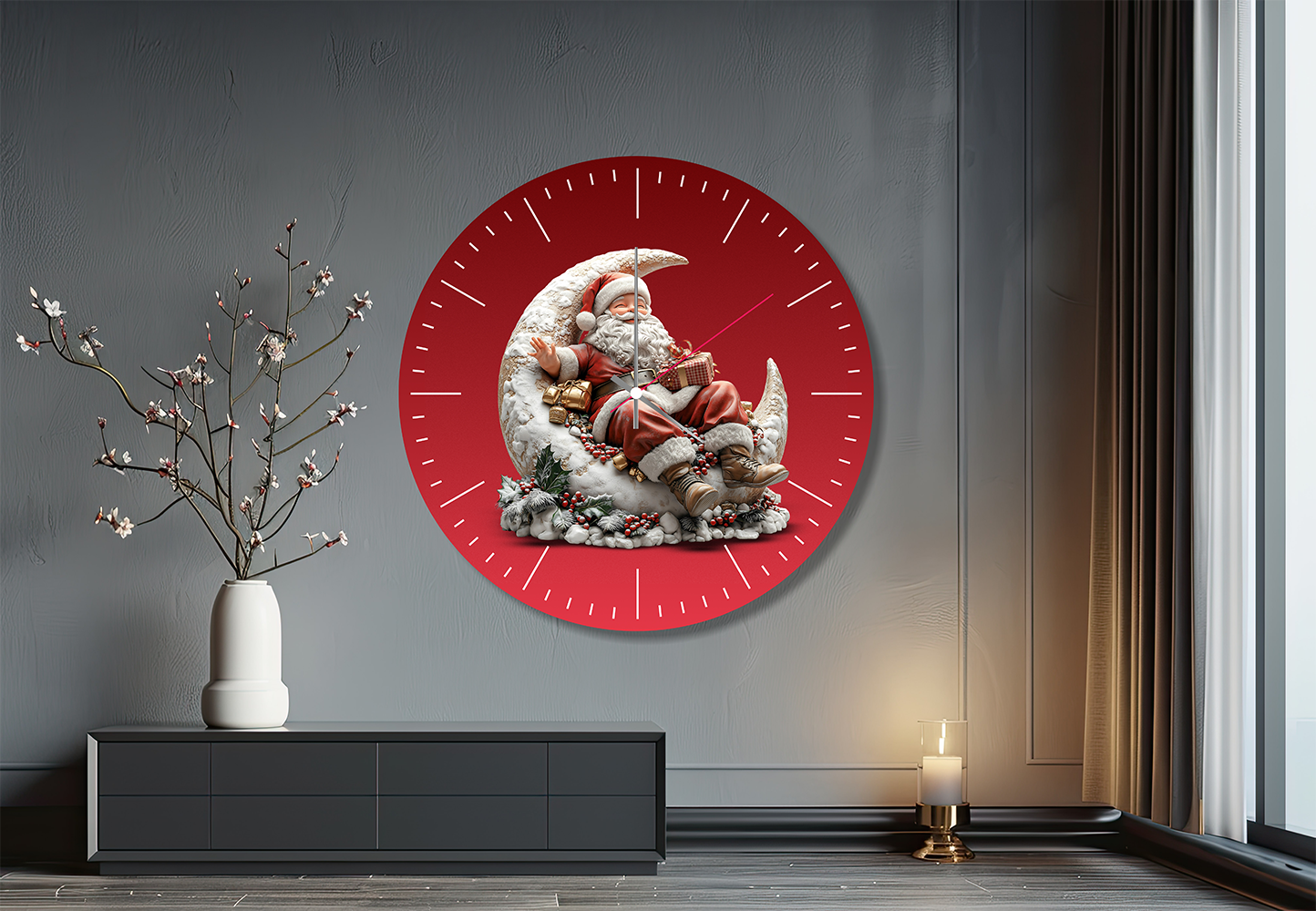 StilCreative Yılbaşı Rüyası: Ay Üzerinde Noel Baba Temalı Duvar Saati