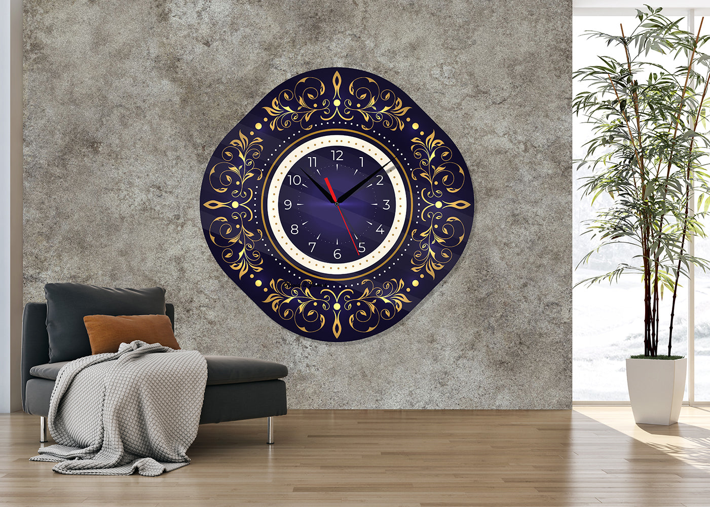 StilCreative Lüks Seri: Lacivert Gold Motifli Dekoratif Cam Duvar Saati