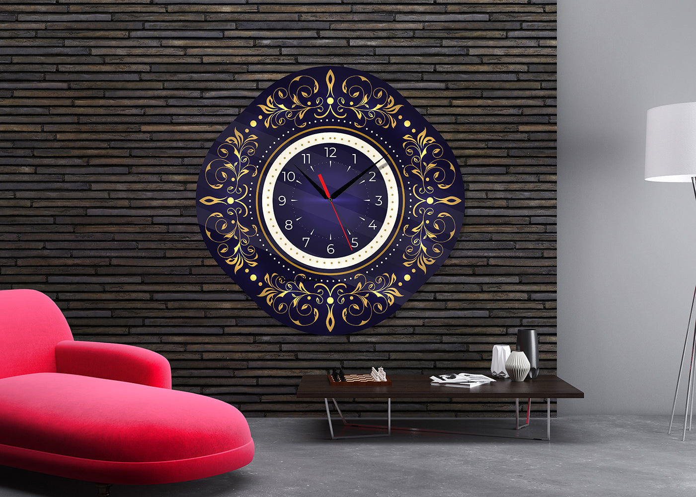 StilCreative Lüks Seri: Lacivert Gold Motifli Dekoratif Cam Duvar Saati