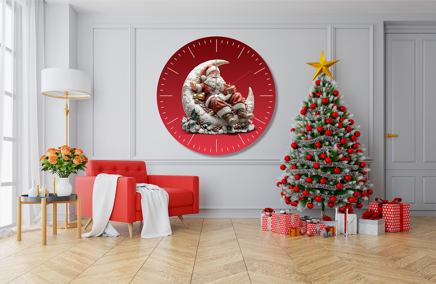 StilCreative Yılbaşı Rüyası: Ay Üzerinde Noel Baba Temalı Duvar Saati