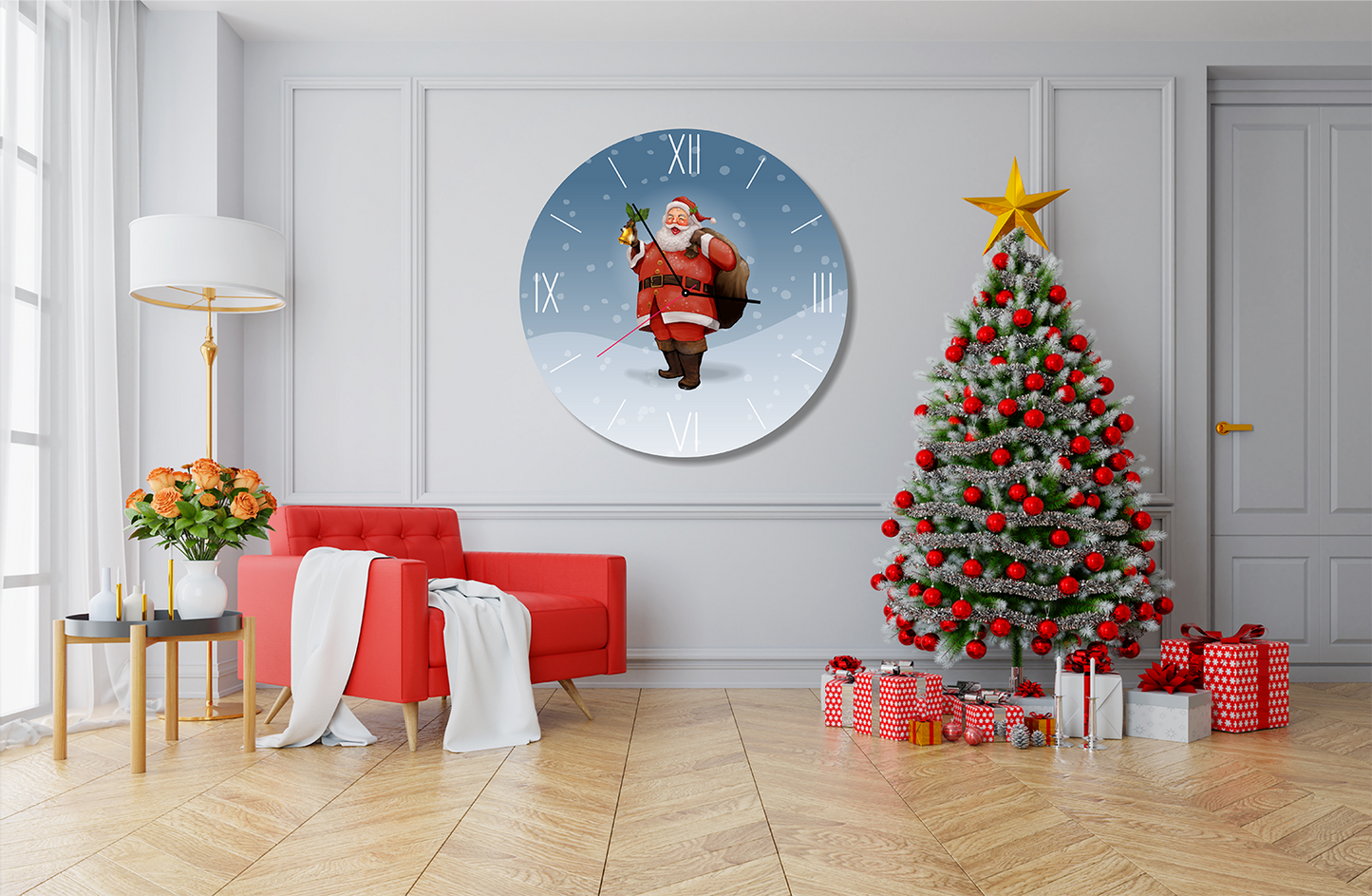 StilCreative Kış Serisi: Altın Çanlı ve Karlı Noel Baba Desenli Dekoratif Saat