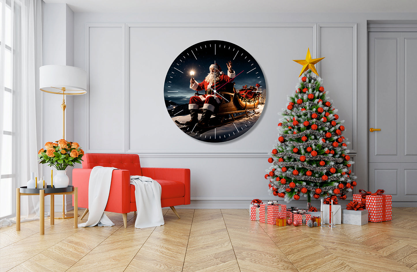 StilCreative Yılbaşı Özel: Noel Baba ve Büyülü Kızak Temalı Duvar Saati