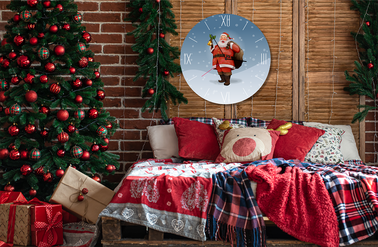 StilCreative Kış Serisi: Altın Çanlı ve Karlı Noel Baba Desenli Dekoratif Saat